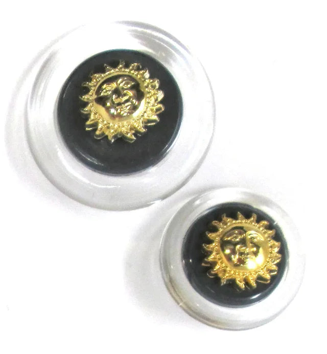 Clear, gray/goldtone buttons with sun motif