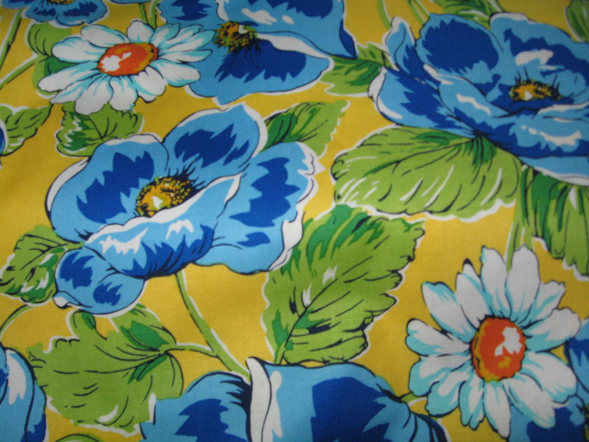 Yellow with blue poppies floral print cotton