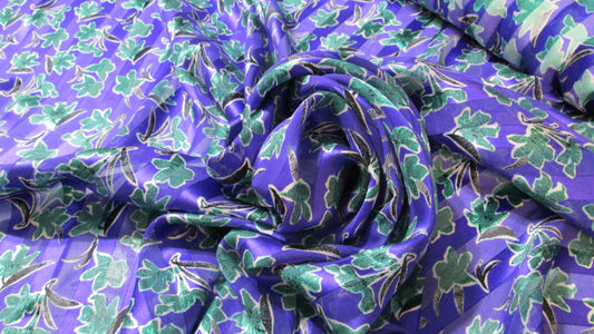 Vivid purple pure silk chiffon with woven satin stripes and teal floral, $69/yd