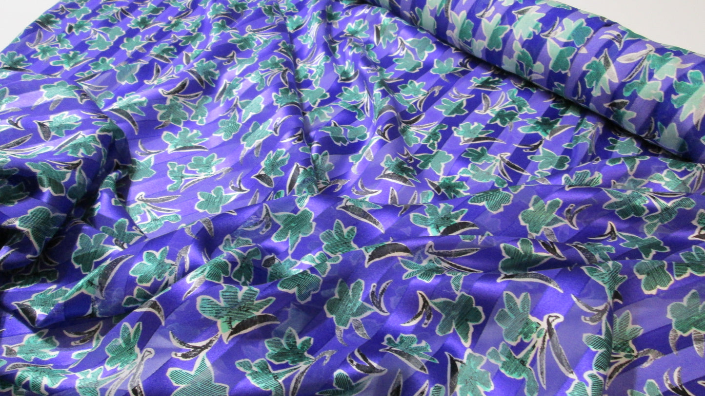 Vivid purple pure silk chiffon with woven satin stripes and teal floral