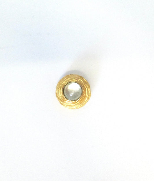 Small soft gold shank button with clear/silver center cabachon stone, $2/pc