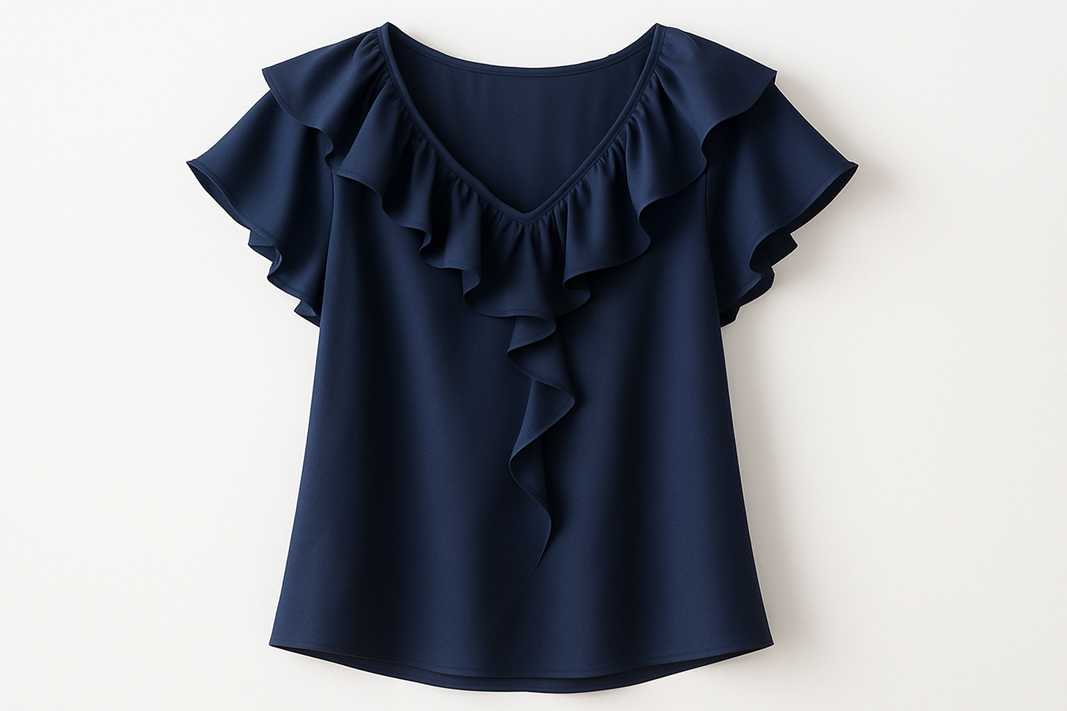 navy blue matte silk ruffly top