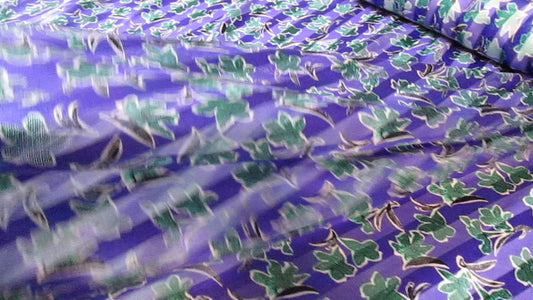 Vivid purple pure silk chiffon with woven satin stripes and teal floral, $69/yd