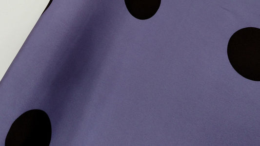 All about dots silk crepe from a Hollywood designer, violet and dark brown, $49/panel