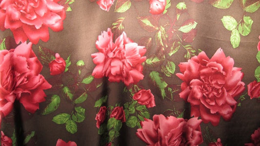 Brown/coral large floral printed silk charmeuse