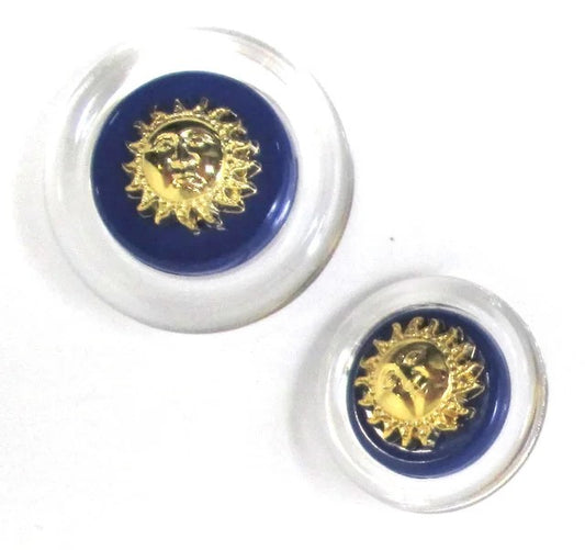 Clear, blue/goldtone buttons with sun motif