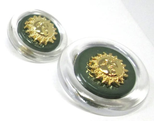 Clear, olive/goldtone buttons with sun motif